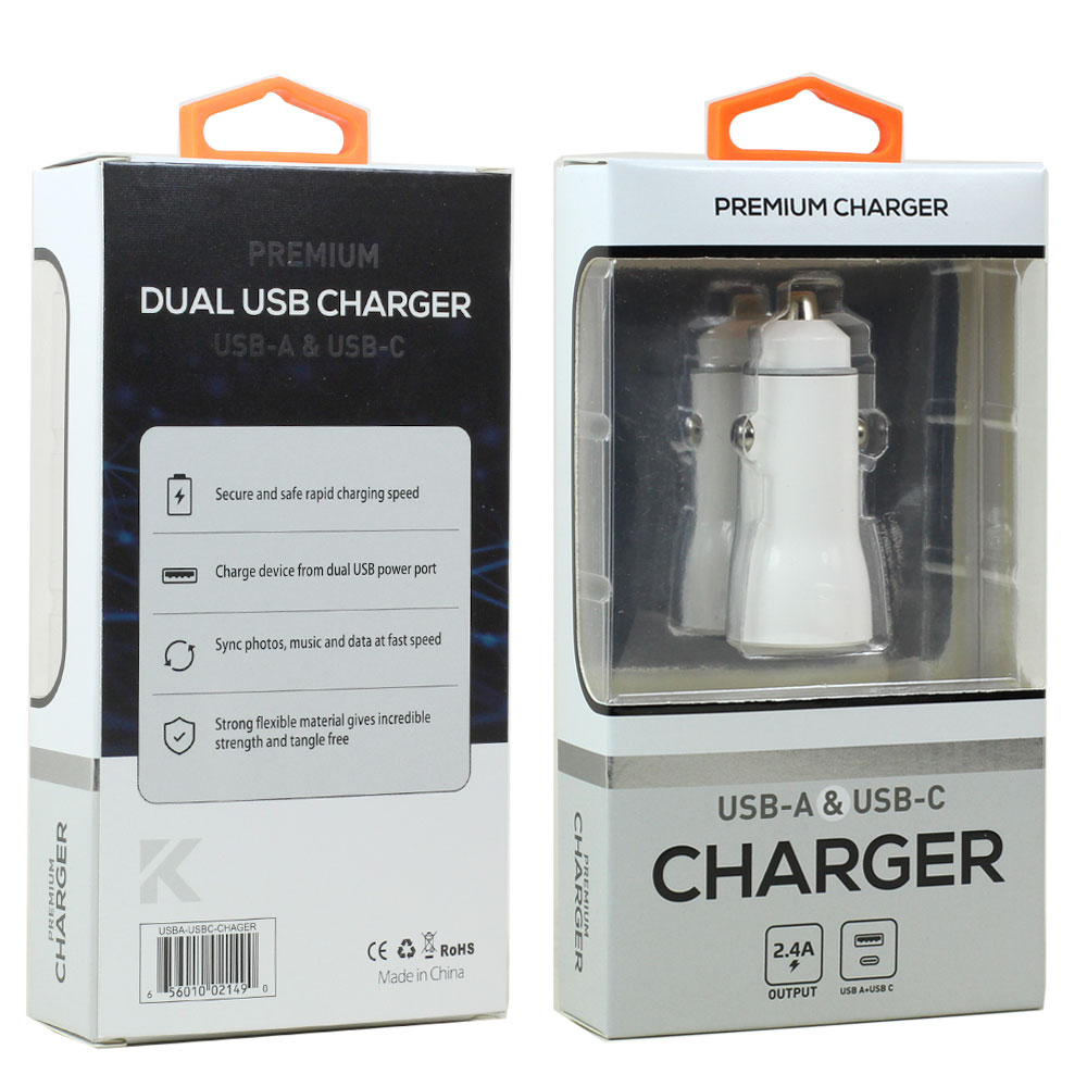 ''USB-A and USB-C 2.4A Dual 2 Port Car Charger for PHONE, Tablet, Speaker, Electronic (Car - White)''''